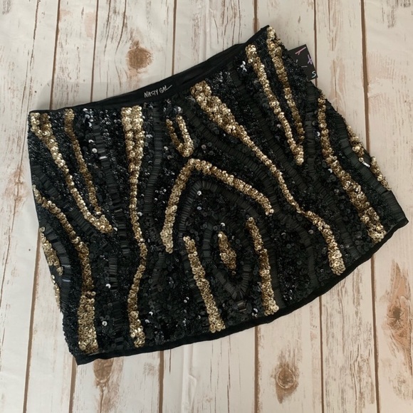 NASTY GAL Sequin Micro Mini Skirt Black Gold Size Medium - Picture 1 of 10